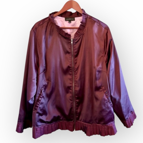 Lane Bryant Jackets & Blazers - Lane Bryant 22W Plum Satin Bomber Jacket Snap Pocket Ruffle Trim Plus Chic